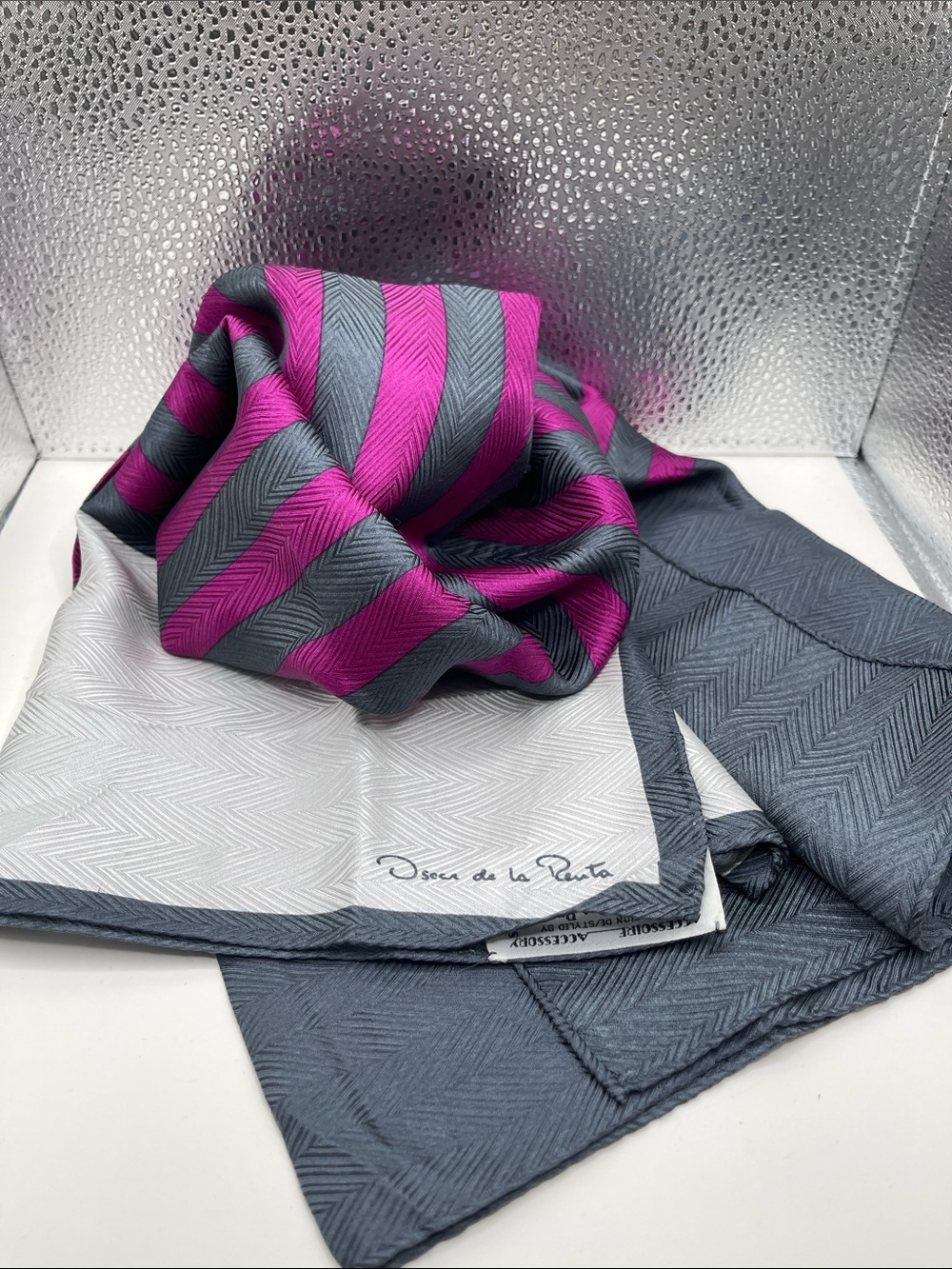 07.04.26-16 Oscar de la Renta Fuchsia and Gray Striped Silk Scarf